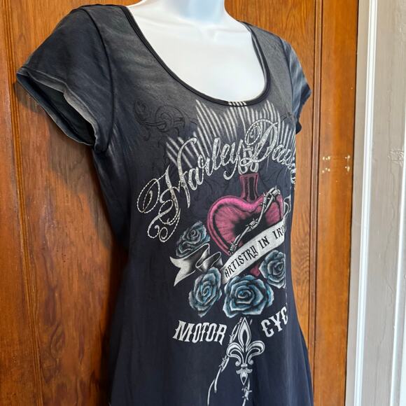 Harley Davidson Artistry in Iron Sacred Heart Rhinestone Y2K T Flawed Small - Picture 2 of 10